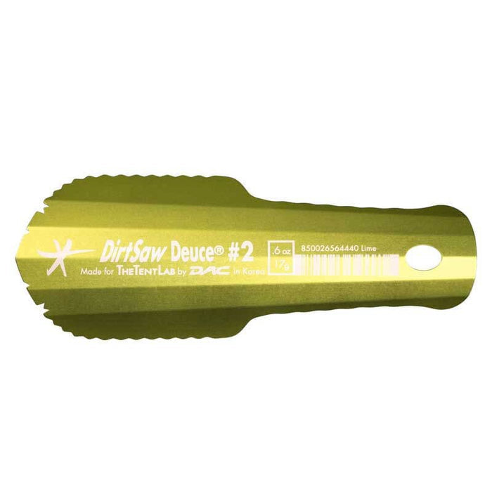 TheTentLab DirtSaw Deuce #2 trowel in lime, top view showing serrated scoop