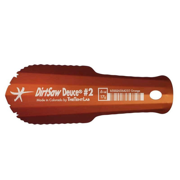 TheTentLab DirtSaw Deuce #2 trowel in orange, top view showing serrated scoop