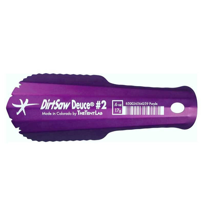 TheTentLab DirtSaw Deuce #2 trowel in purple, top view showing serrated scoop