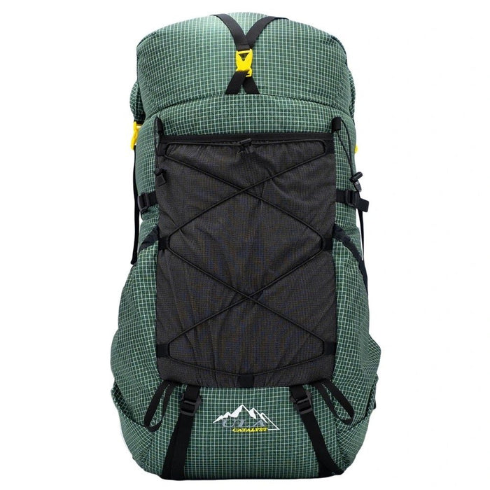 ULA backpack strap kit fitted to a green ULA Catalyst pack – front view with yellow buckles