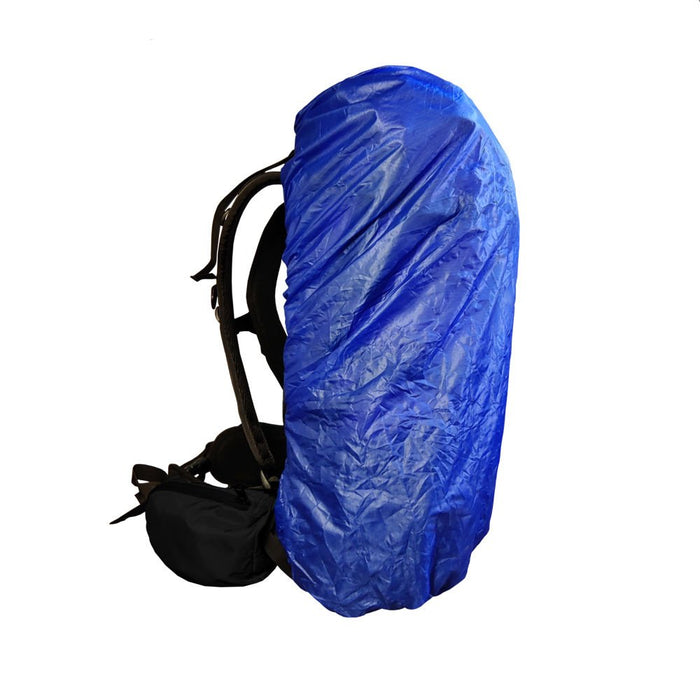 ULA Pack Cover in blue fitted over a loaded backpack, side profile studio view
