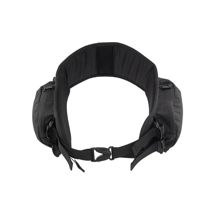 ULA Replacement Hipbelt – padded black belt with zip pockets both sides and buckle, top-down view