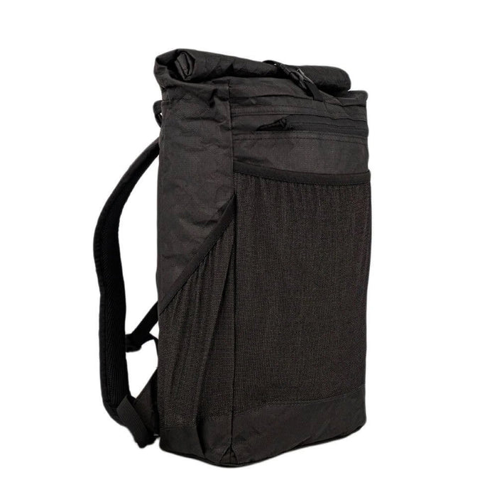ULA Ultra Node travel backpack in black, angled side studio view