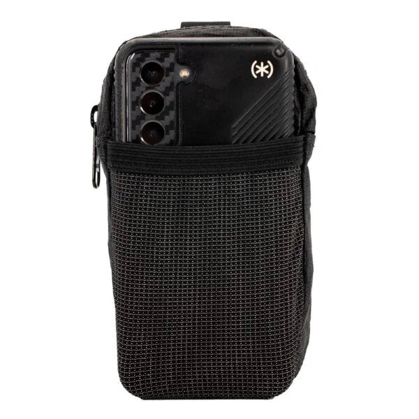 ULA ULTRA Shoulder Strap Pocket in black with mesh front, front studio view