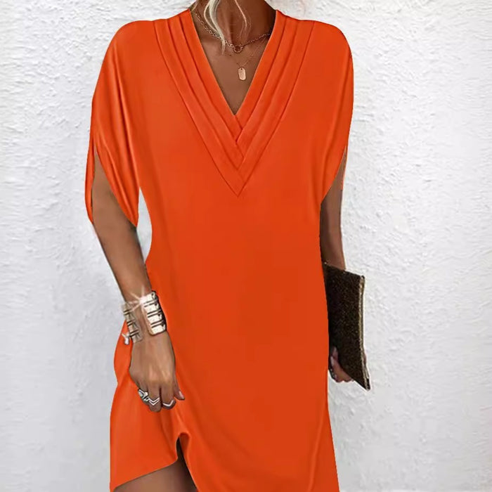 V-neck Pleated Batwing Sleeve Dress - Livefree
