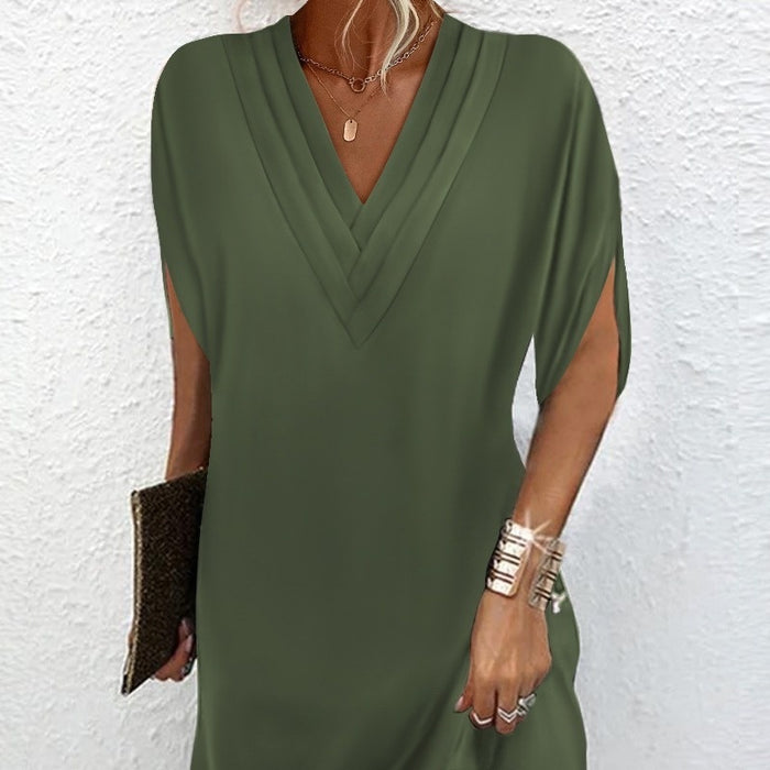 V-neck Pleated Batwing Sleeve Dress - Livefree