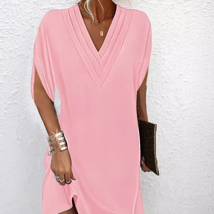 V-neck Pleated Batwing Sleeve Dress - Livefree