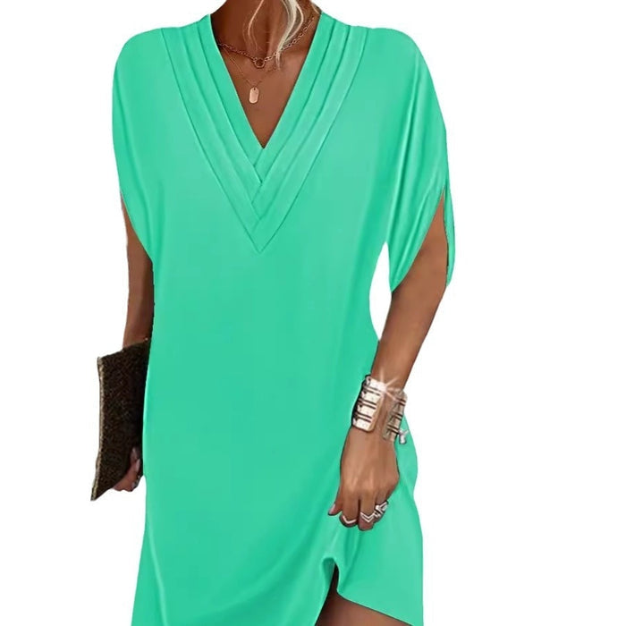 V-neck Pleated Batwing Sleeve Dress - Livefree