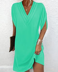 V-neck Pleated Batwing Sleeve Dress - Livefree