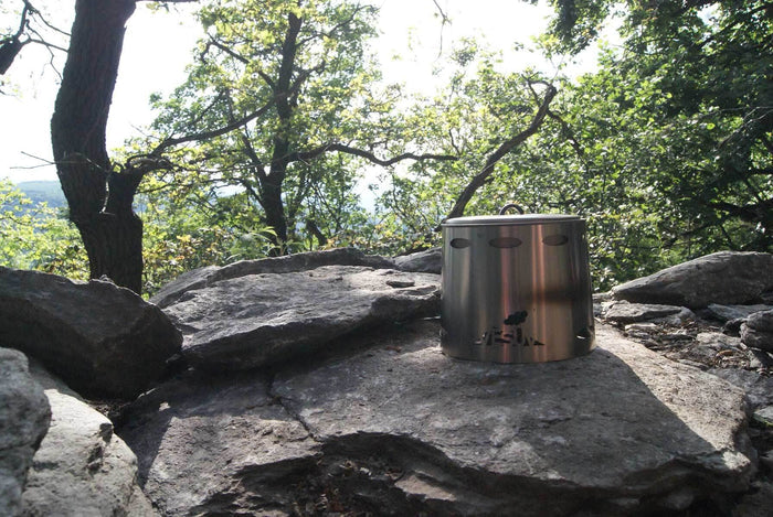 VESUV Titanium Windshield 0,9 L pitched on rocks among trees, side view