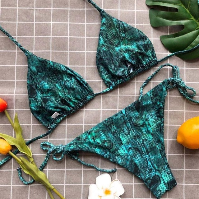 Vintage Backless Women Serpentine Print Bikini - shop.livefree.co.uk