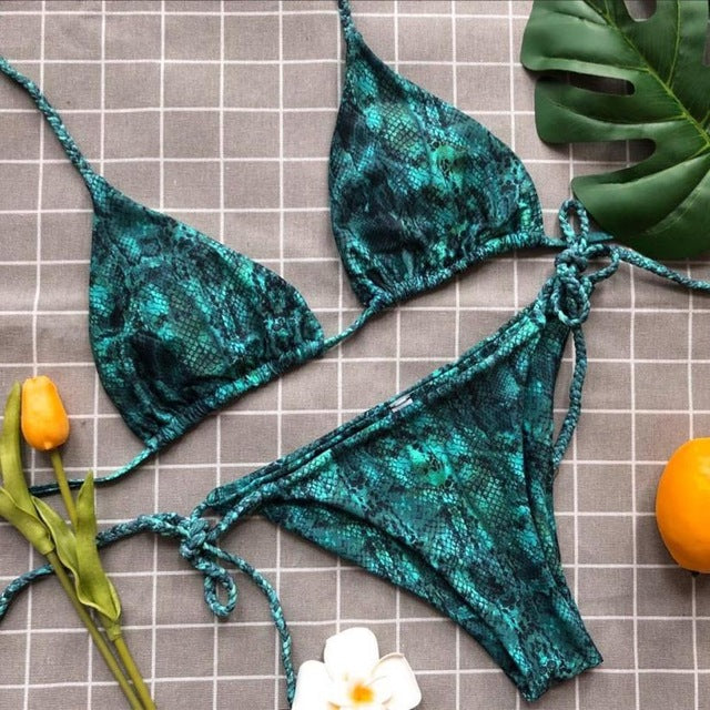 Vintage Backless Women Serpentine Print Bikini - shop.livefree.co.uk