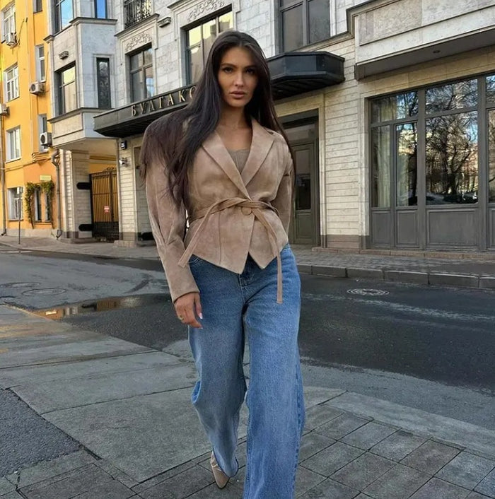 Waist Trimming Lace Up Suede Fabric Jacket - Livefree