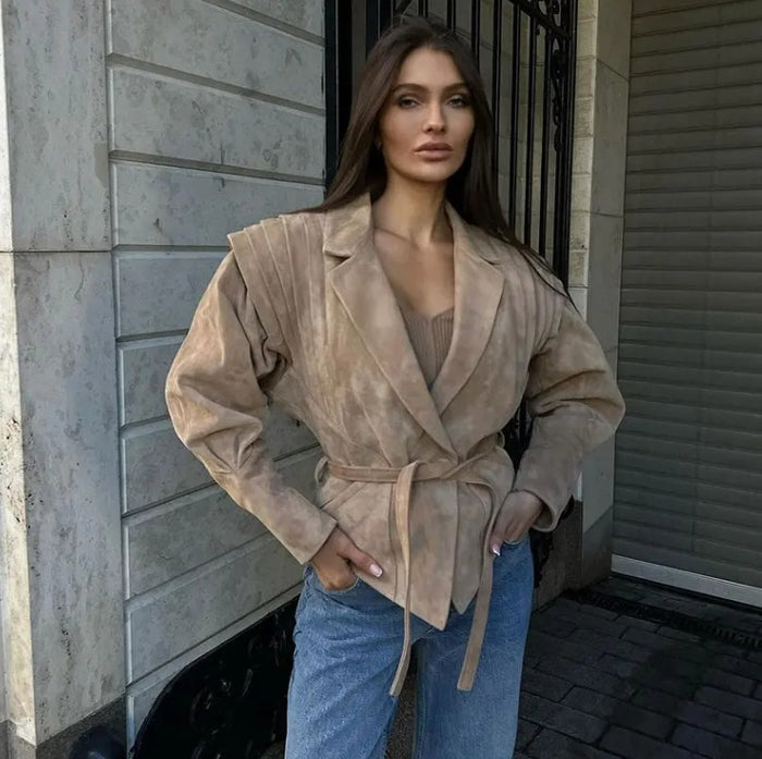 Waist Trimming Lace Up Suede Fabric Jacket - Livefree