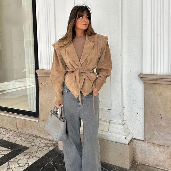 Waist Trimming Lace Up Suede Fabric Jacket - Livefree