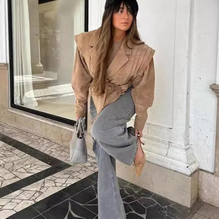 Waist Trimming Lace Up Suede Fabric Jacket - Livefree