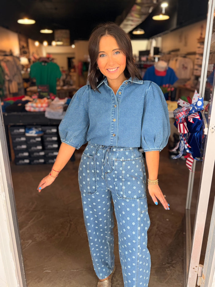 Washed Denim Polka Dot Pants
