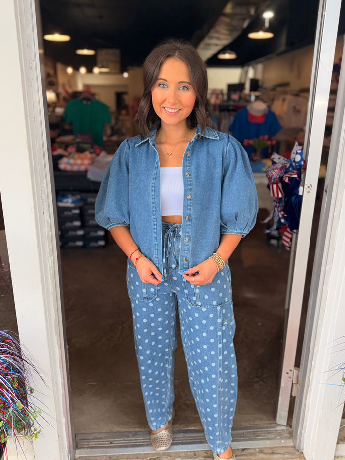 Washed Denim Puff Blouse