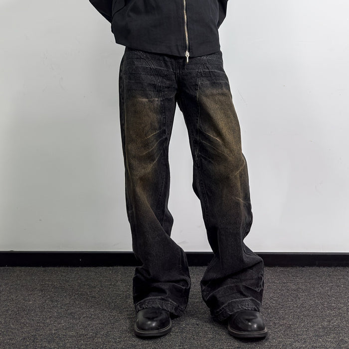 Washed Straight Dirty Mud Textured Deconstructed Jeans - Livefree