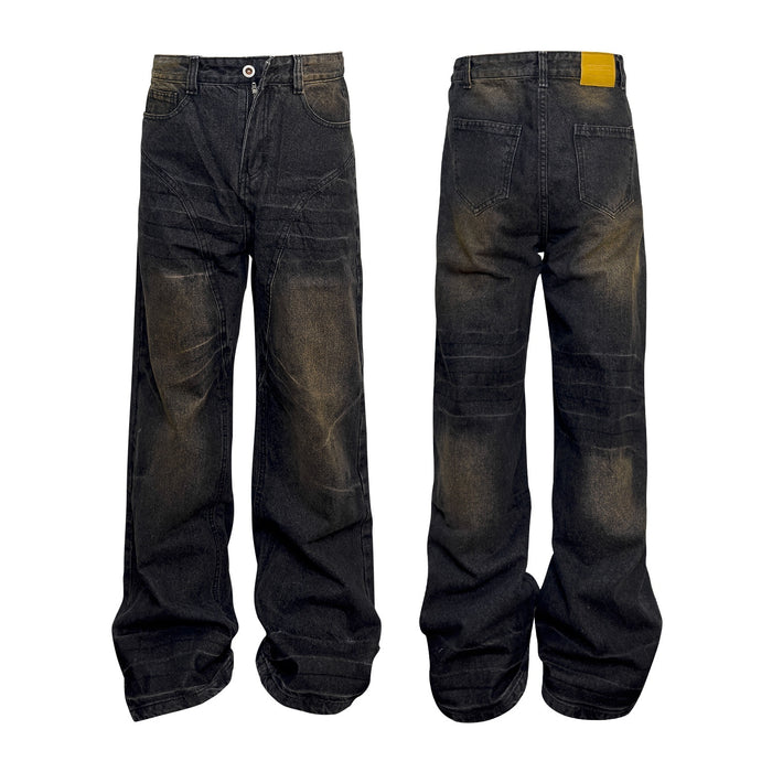 Washed Straight Dirty Mud Textured Deconstructed Jeans - Livefree