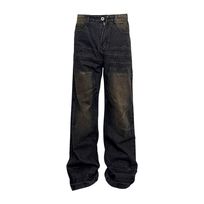 Washed Straight Dirty Mud Textured Deconstructed Jeans - Livefree