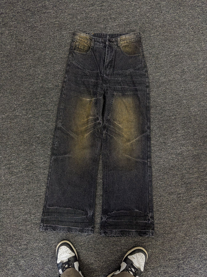 Washed Straight Dirty Mud Textured Deconstructed Jeans - Livefree