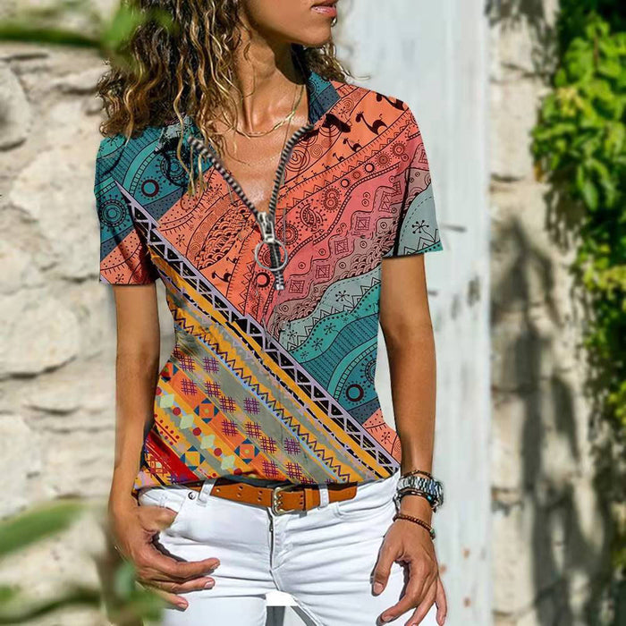 Women Bohemian Western Ethnic Style Zipper Top Short Sleeve T-Shirt - Livefree