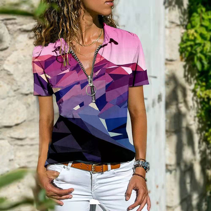 Women Bohemian Western Ethnic Style Zipper Top Short Sleeve T-Shirt - Livefree