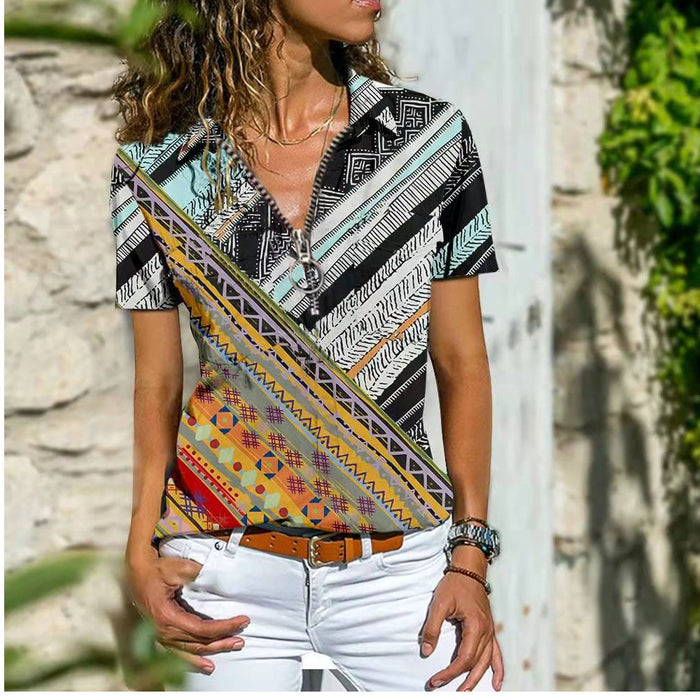 Women Bohemian Western Ethnic Style Zipper Top Short Sleeve T-Shirt - Livefree