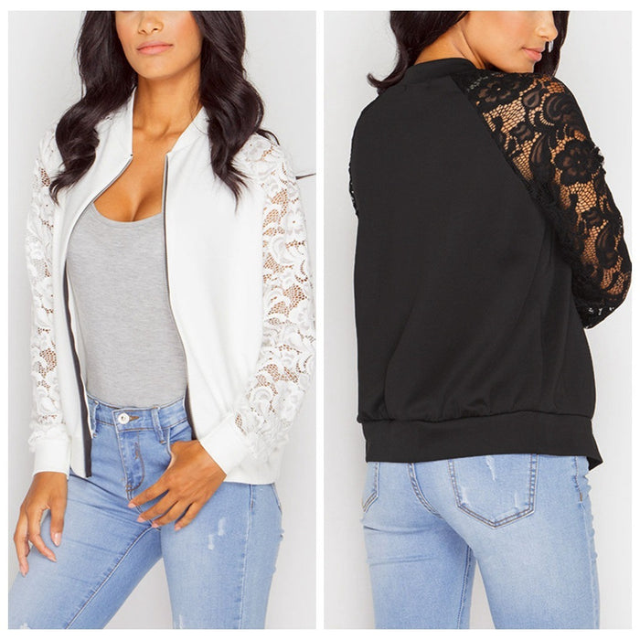 Women Bomber Jacket With Lace - Livefree