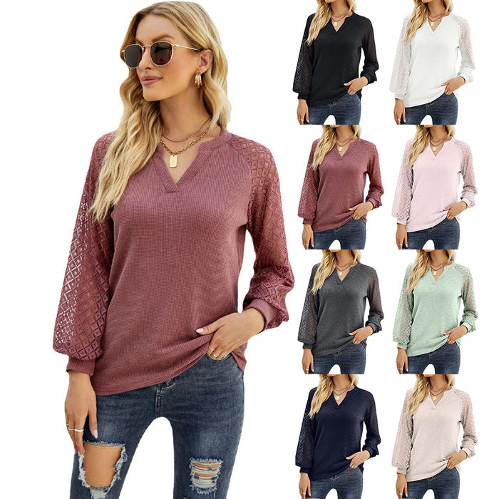 Women's Autumn And Winter New Waffle-Grace Stitching Long-Sleeved V-Neck t-Shirt Top - Livefree
