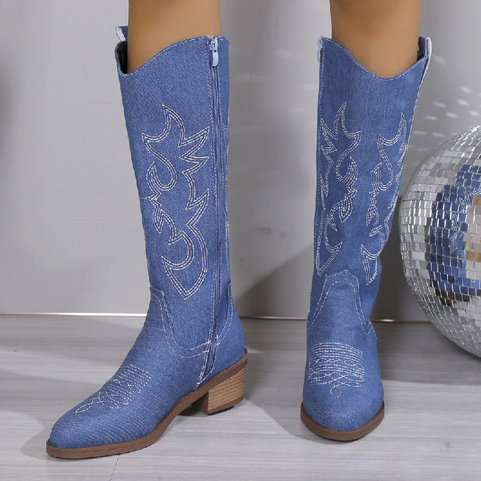 Women's Embroidered Round Head Chunky Heel Boots - Livefree