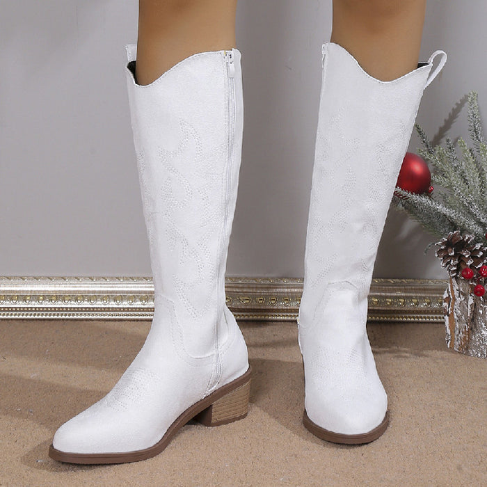 Women's Embroidered Round Head Chunky Heel Boots - Livefree