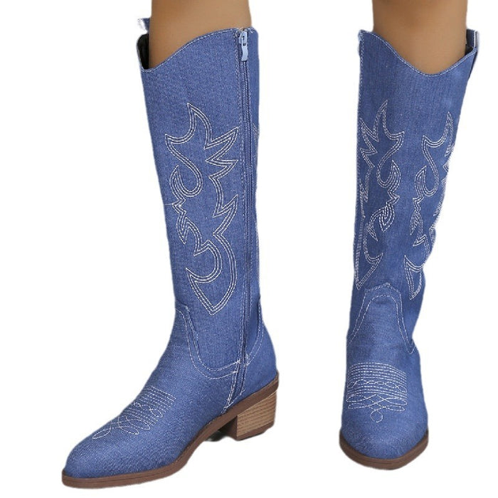 Women's Embroidered Round Head Chunky Heel Boots - Livefree