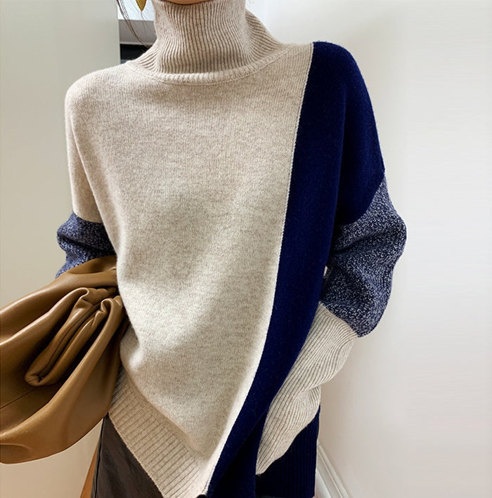 Women's Loose High Neck Contrasting Sweater - Livefree