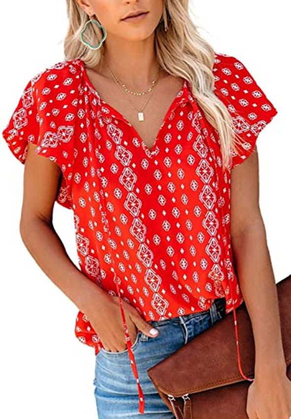 Women's Spring/Summer New Casual Printed V-Neck Short Sleeve Shirt Loose Top - Livefree