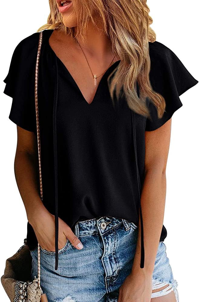 Women's Spring/Summer New Casual Printed V-Neck Short Sleeve Shirt Loose Top - Livefree