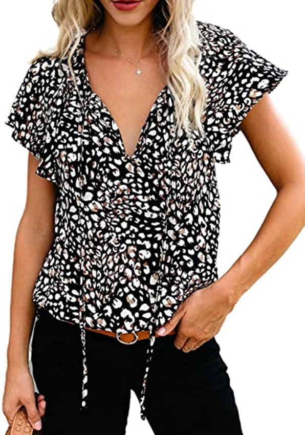 Women's Spring/Summer New Casual Printed V-Neck Short Sleeve Shirt Loose Top - Livefree