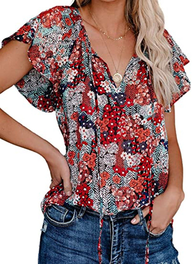 Women's Spring/Summer New Casual Printed V-Neck Short Sleeve Shirt Loose Top - Livefree