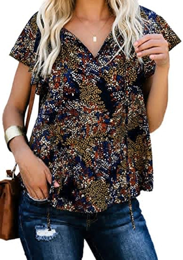 Women's Spring/Summer New Casual Printed V-Neck Short Sleeve Shirt Loose Top - Livefree