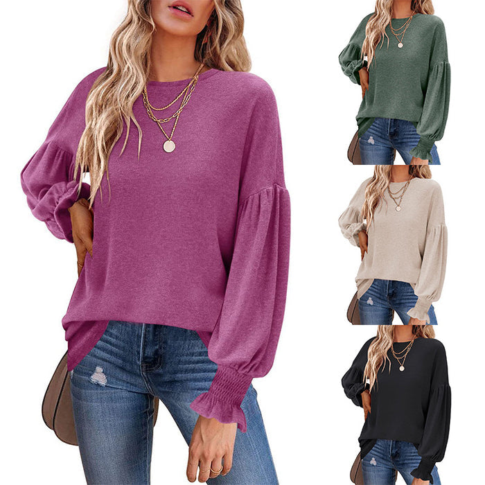 Women's Top Autumn and Winter New Round Neck Pleated Lantern Sleeve Long T-shirt - Livefree