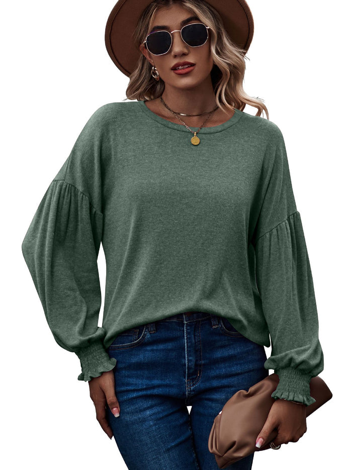 Women's Top Autumn and Winter New Round Neck Pleated Lantern Sleeve Long T-shirt - Livefree