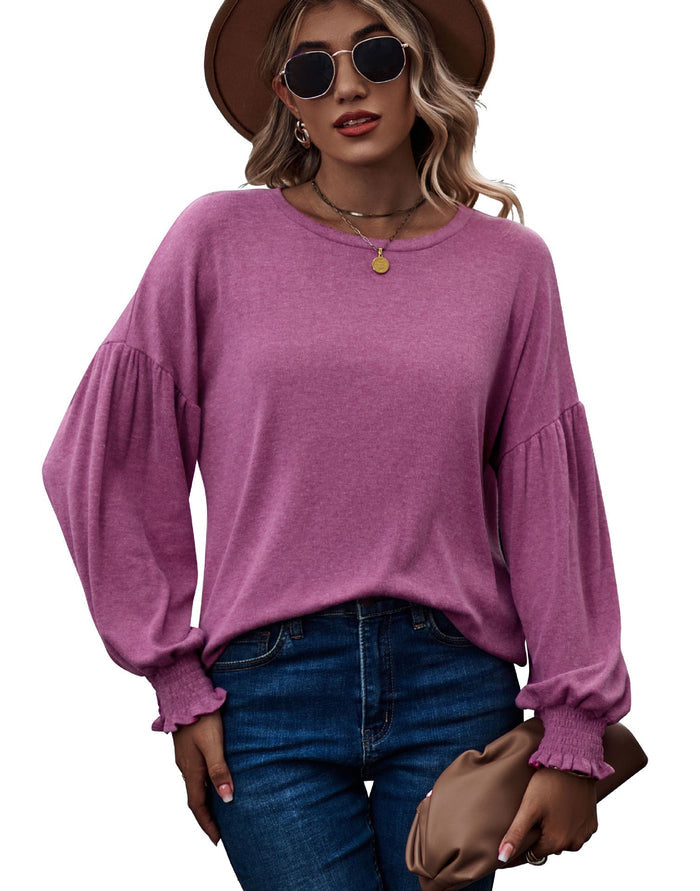 Women's Top Autumn and Winter New Round Neck Pleated Lantern Sleeve Long T-shirt - Livefree