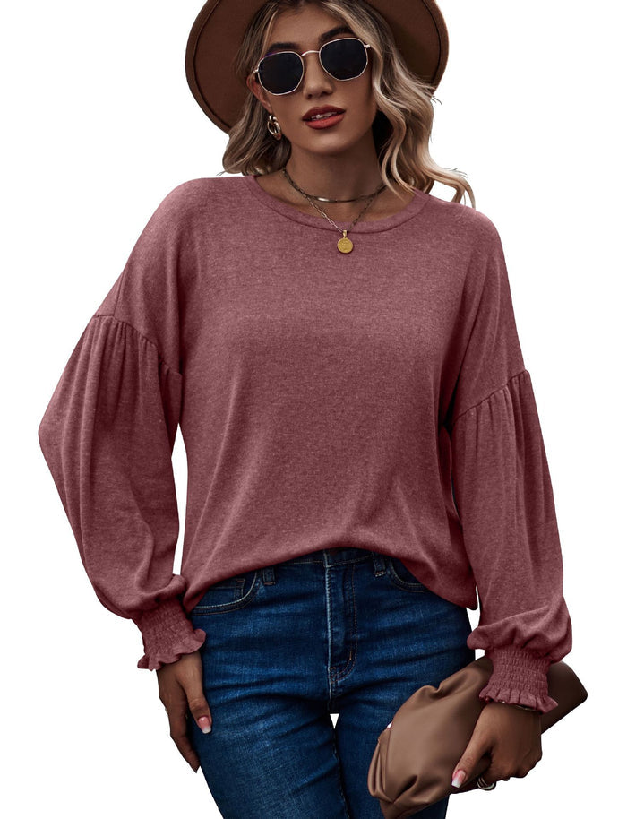 Women's Top Autumn and Winter New Round Neck Pleated Lantern Sleeve Long T-shirt - Livefree