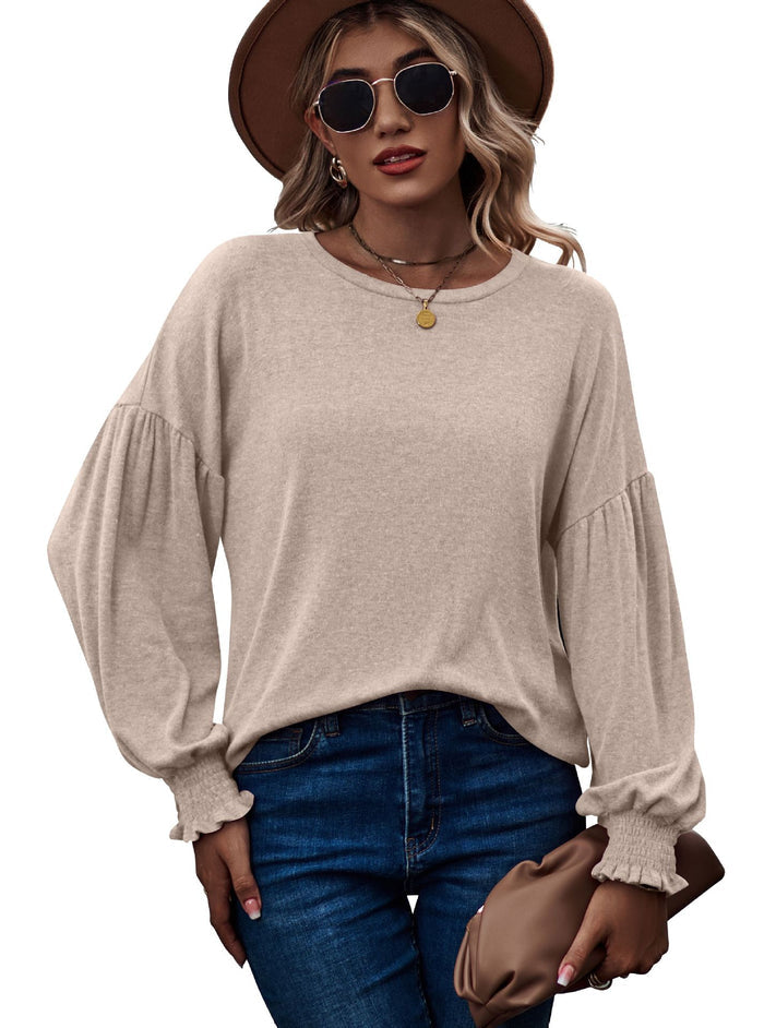 Women's Top Autumn and Winter New Round Neck Pleated Lantern Sleeve Long T-shirt - Livefree