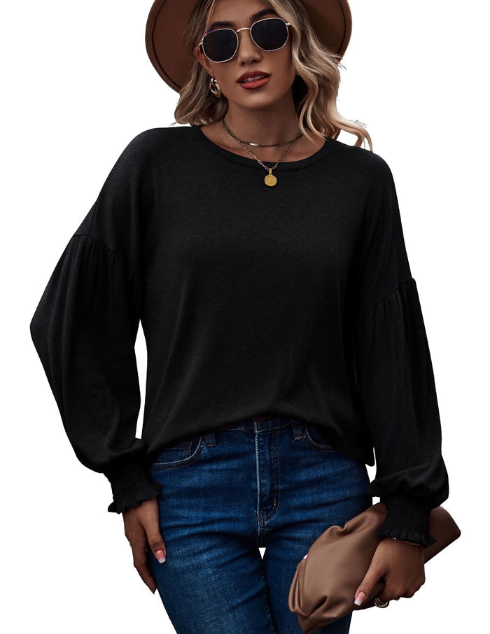 Women's Top Autumn and Winter New Round Neck Pleated Lantern Sleeve Long T-shirt - Livefree