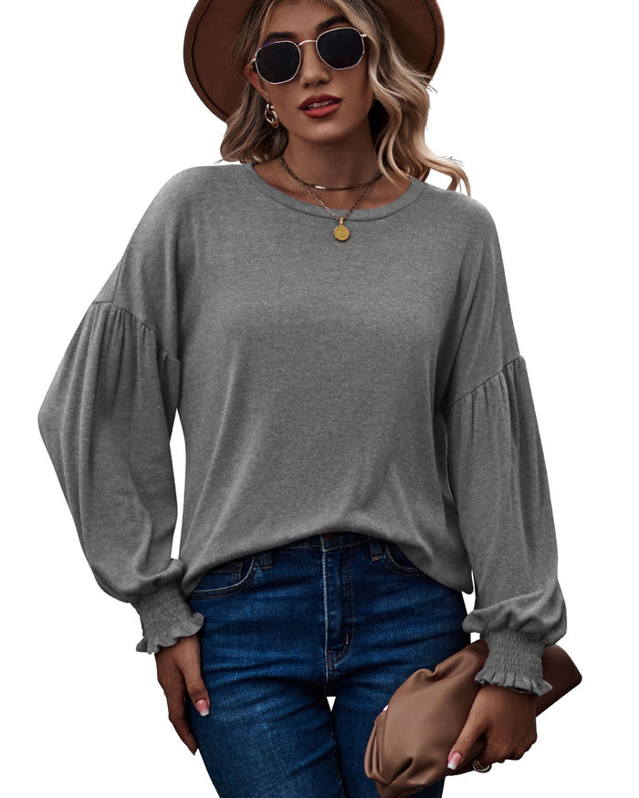 Women's Top Autumn and Winter New Round Neck Pleated Lantern Sleeve Long T-shirt - Livefree