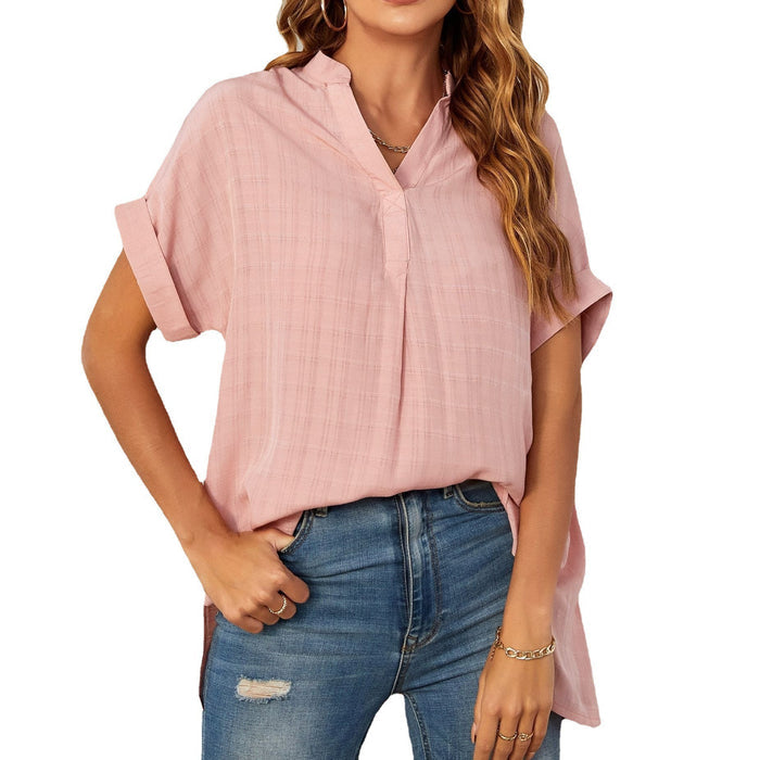 Women's V-Neck Short Sleeve Solid Color Thin Loose Check Shirt - Livefree