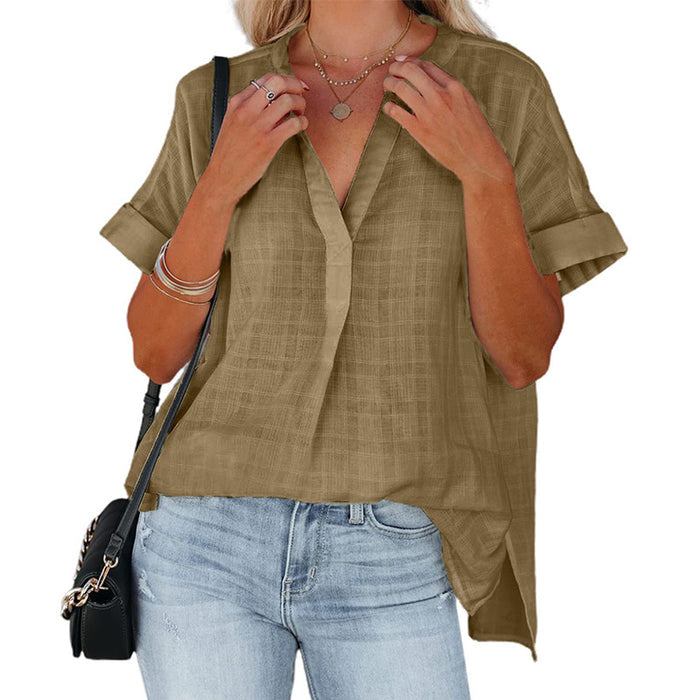 Women's V-Neck Short Sleeve Solid Color Thin Loose Check Shirt - Livefree