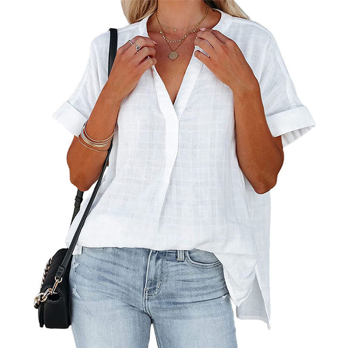 Women's V-Neck Short Sleeve Solid Color Thin Loose Check Shirt - Livefree
